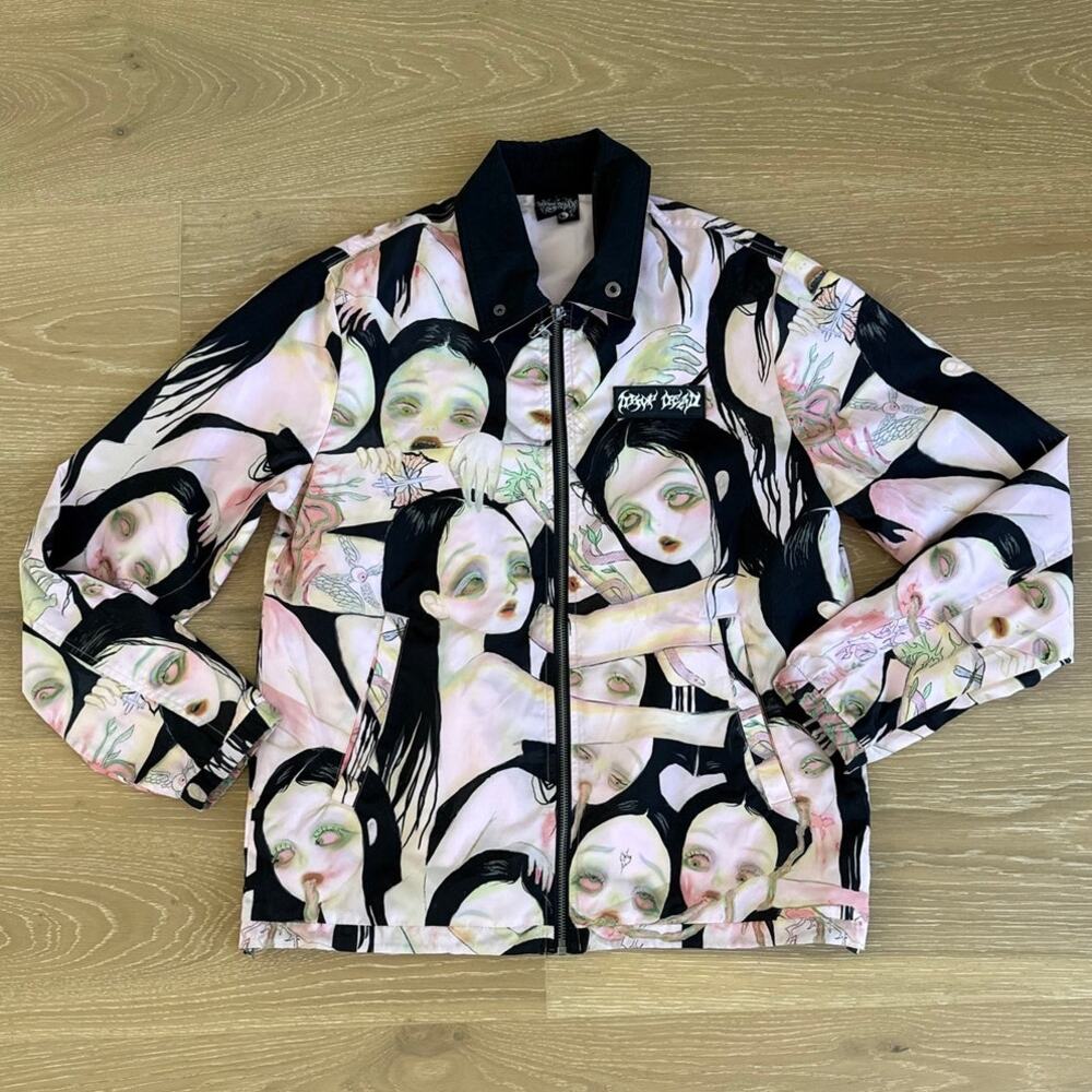 Drop Dead Jacket Zip Front Doll Face Size XS Black Pink White Green